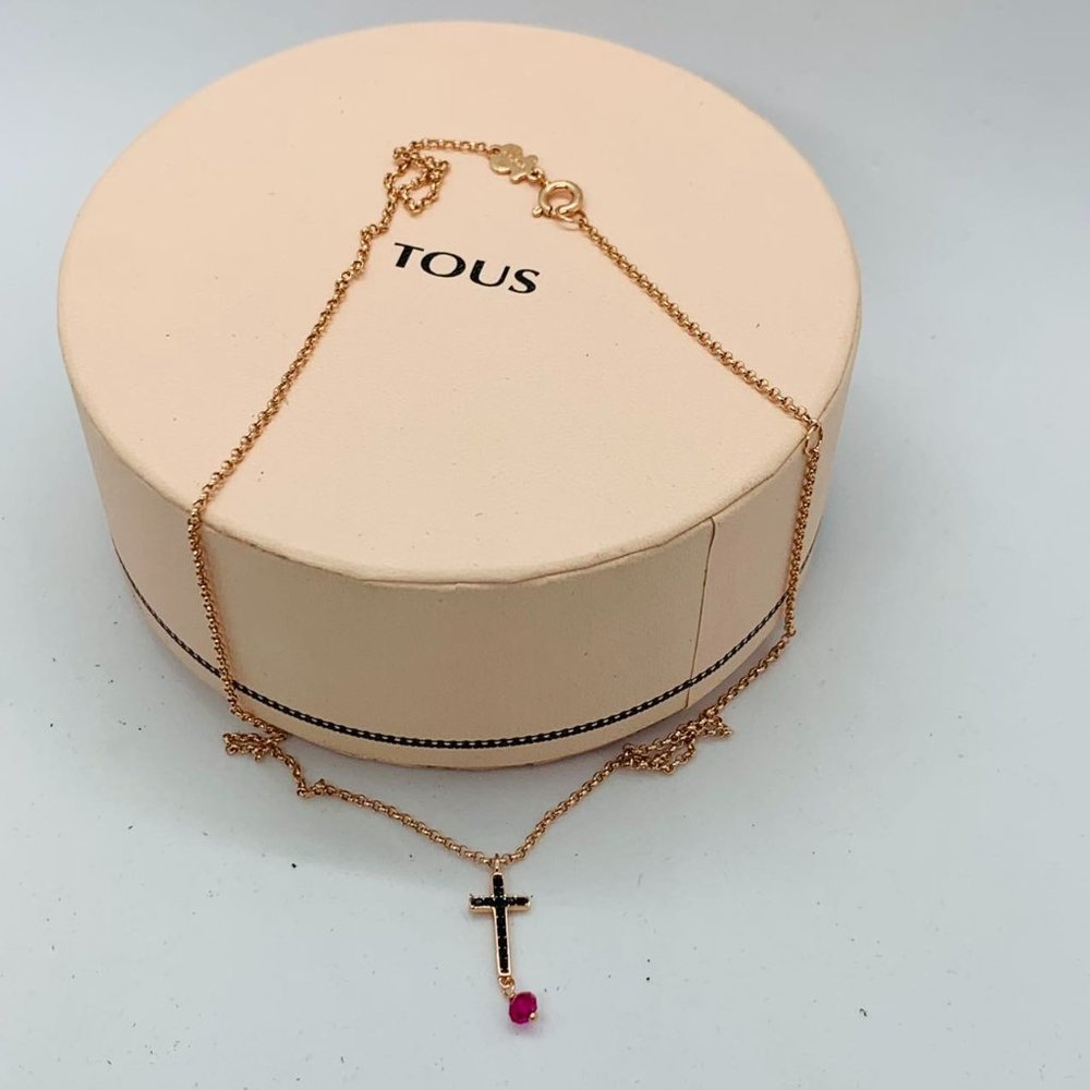 TOUS Necklace Motif cross Necklace in Rose Silver Vermeil with Spinels and Ruby